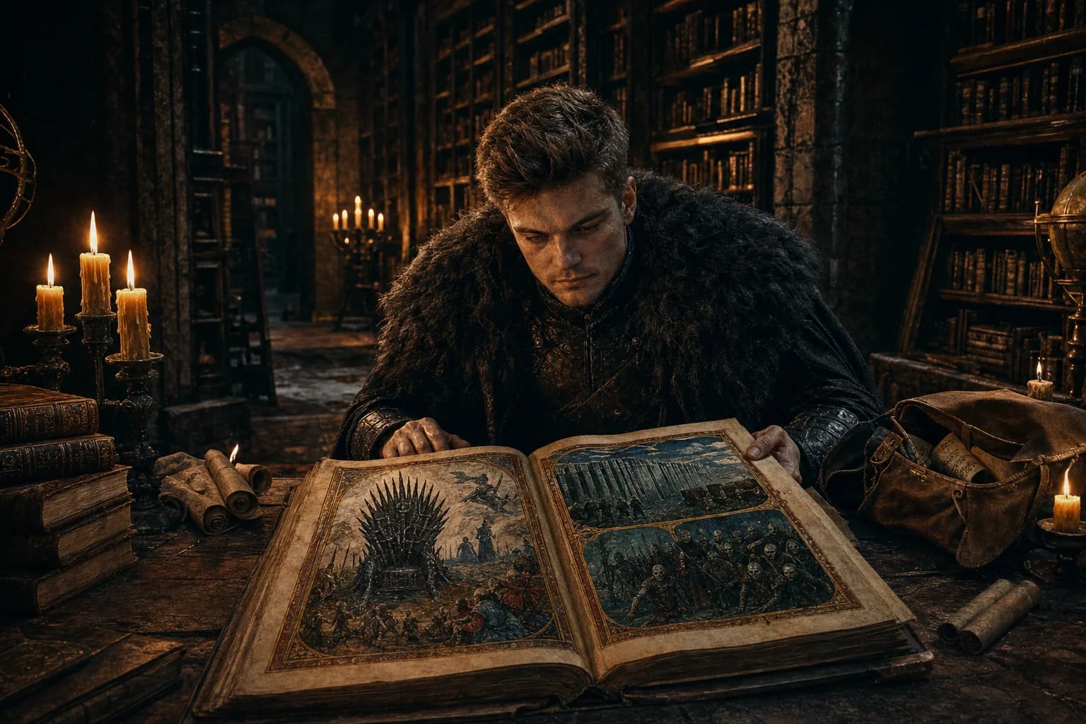 Dušan u Epstinovićevoj biblioteci proučava ilustrovani rukopis Igre prestola